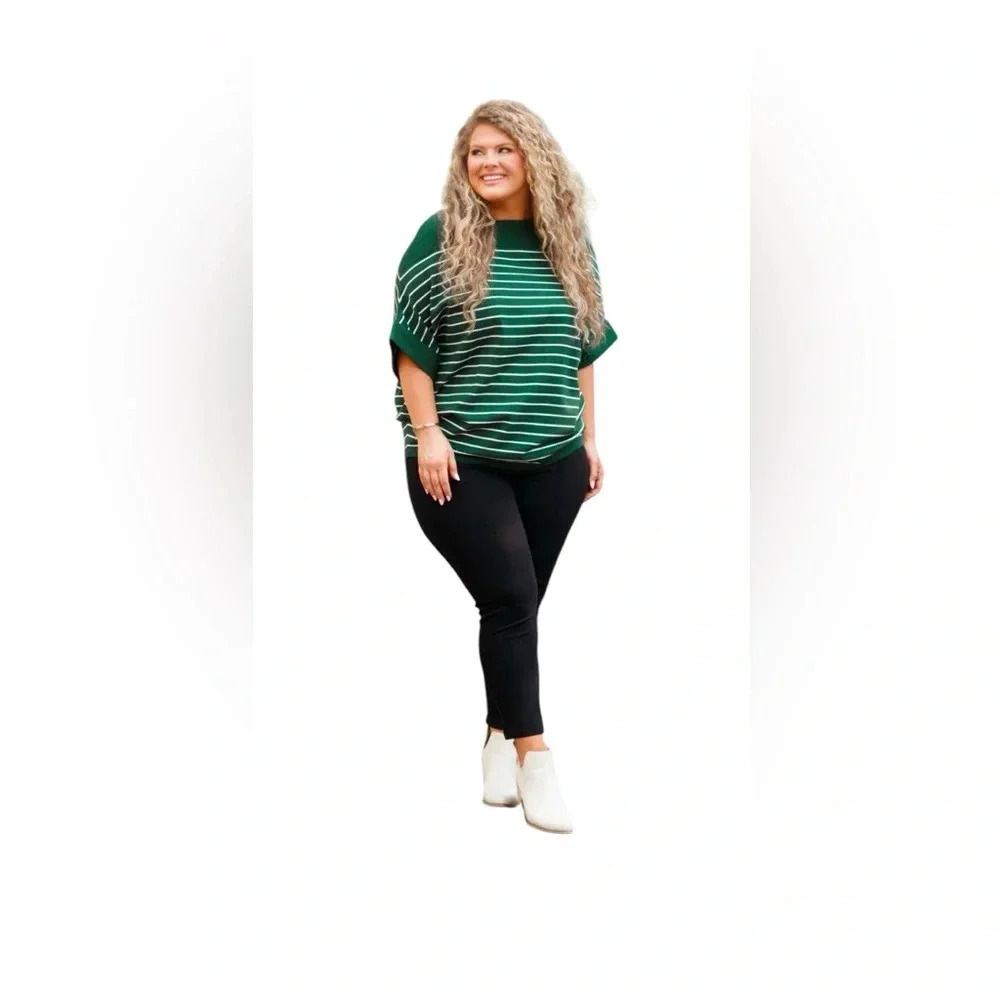 Women Ott Green Knit Striped Sweater  L